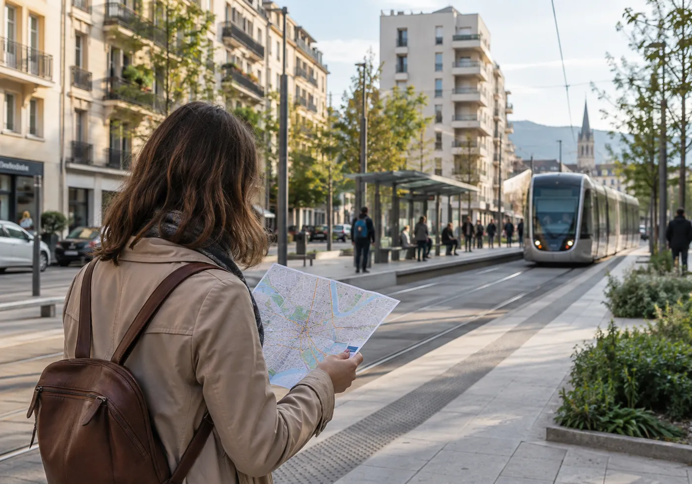 Personne consultant un itinéraire à proximité d’un arrêt de tramway