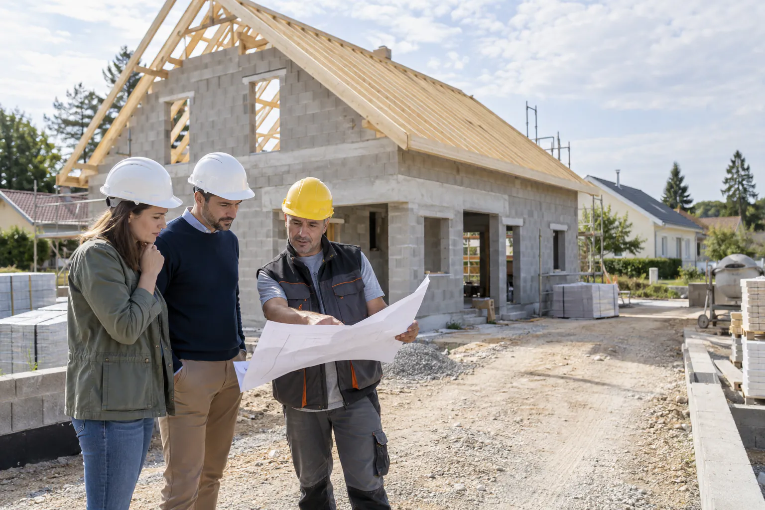 Visite de chantier d’une maison en construction avec lecture du plan