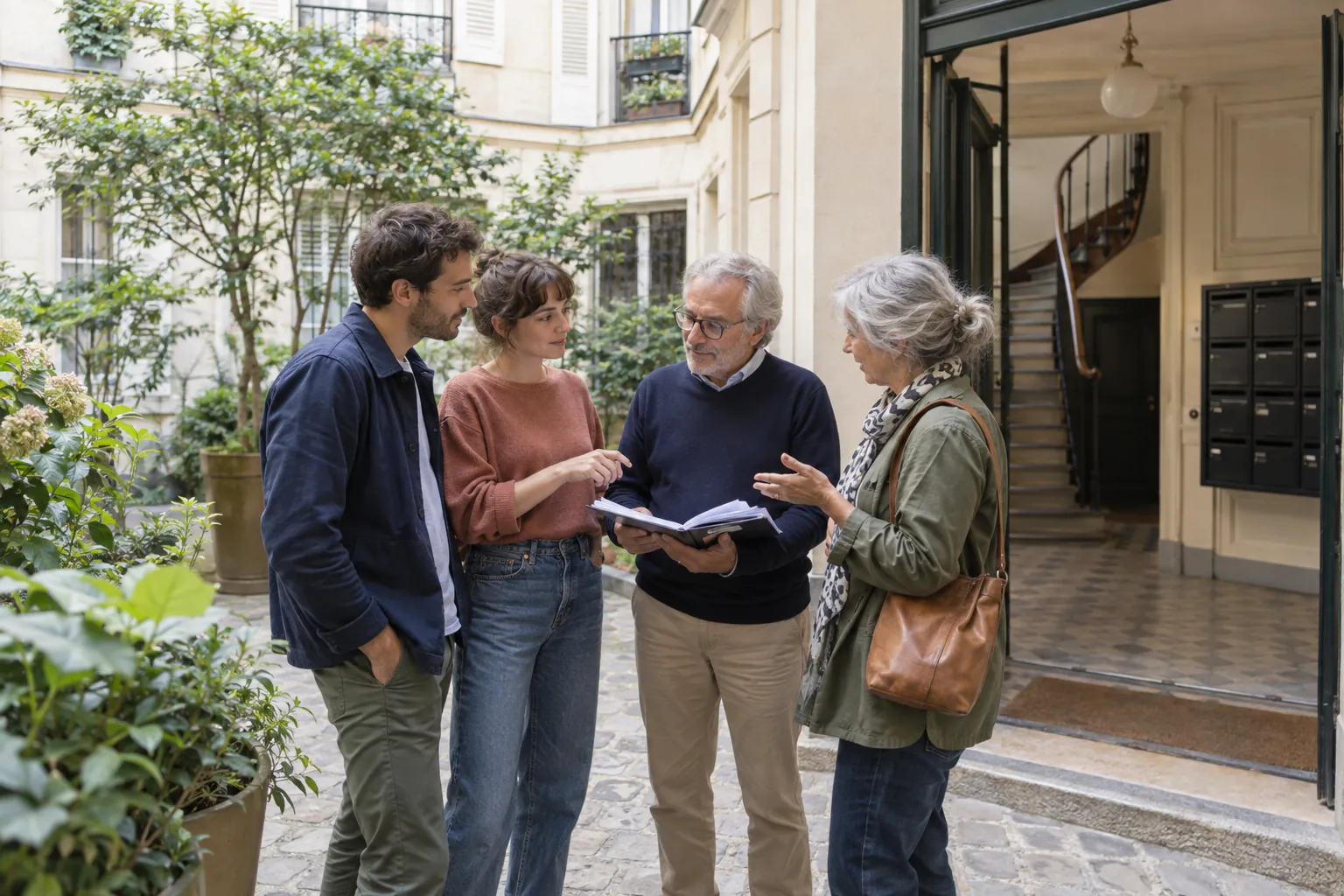 Copropriétaires échangeant dans les parties communes de leur immeuble